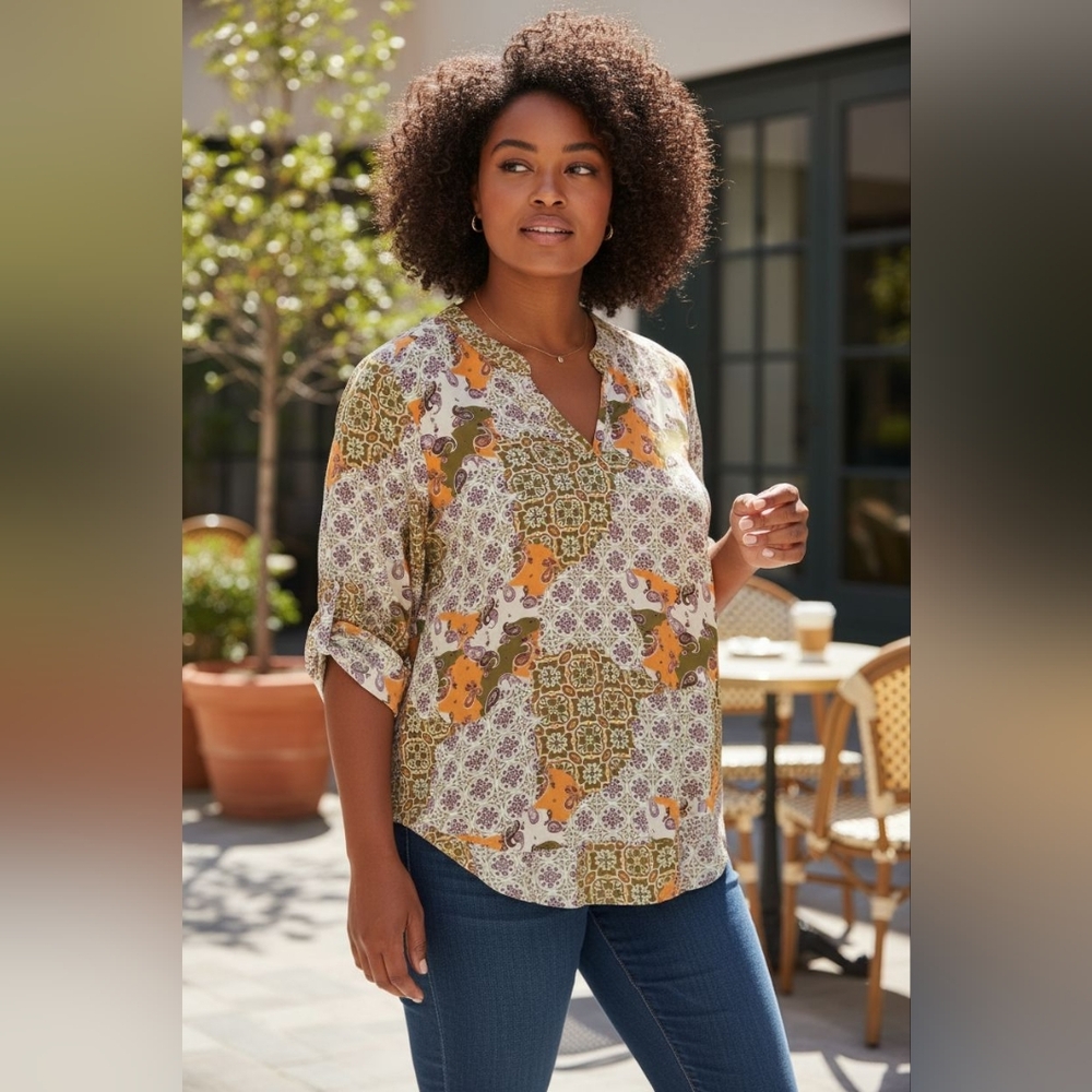 Cato  Womens 18/20W Paisley Popover Tunic Top V Neck Roll Tab Sleeve Boho